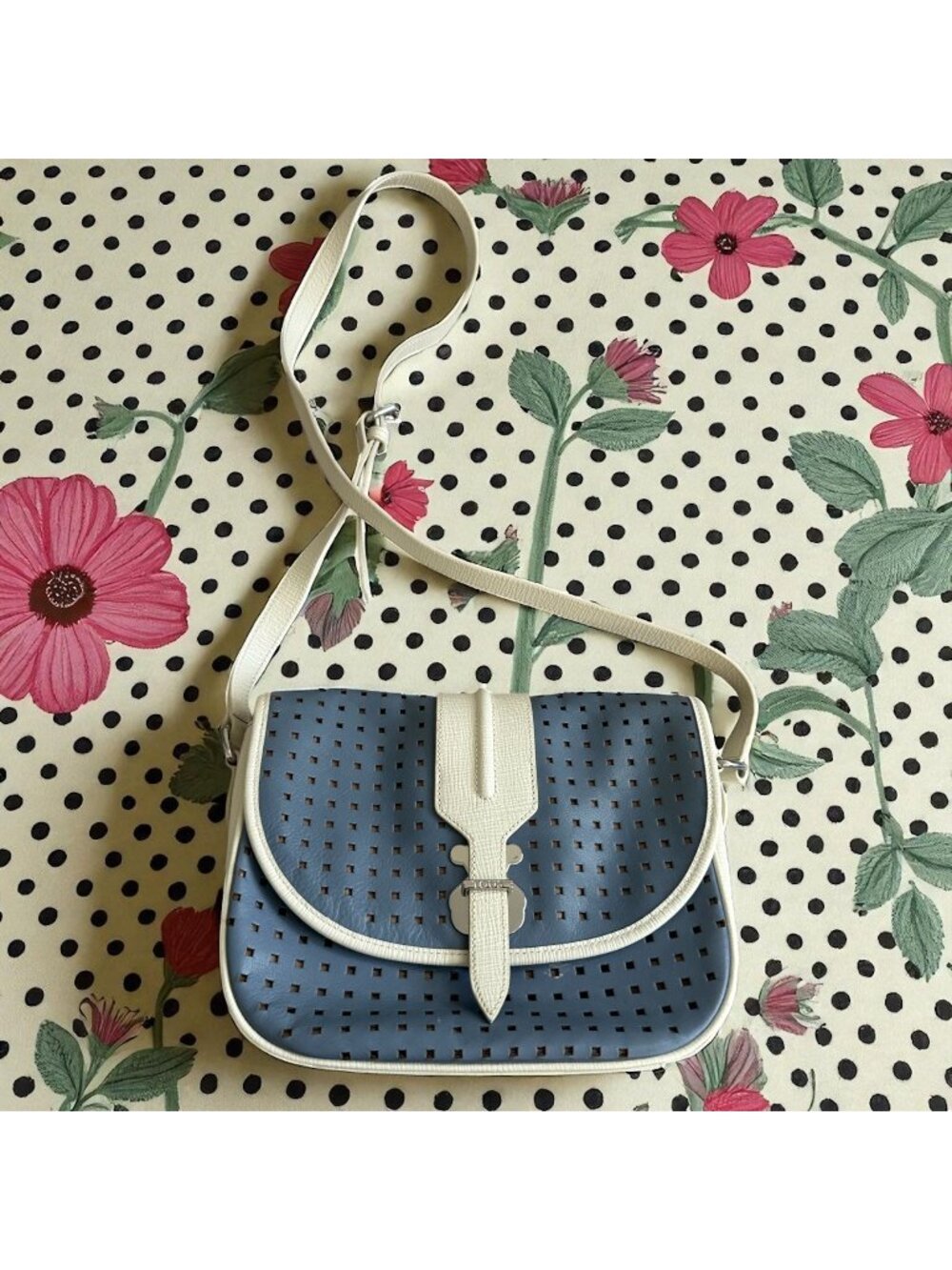 TOUS Blue White Perforated Leather Crossbody Bag w/ Dustbag